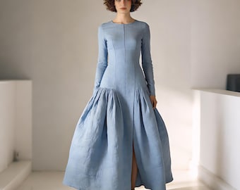 Blue Long Linen Cotton Maxi Dress, Long Sleeve Boho Spring Summer Structured Dress, Elegant A Line Modern Feminine Occasion Custom Dress