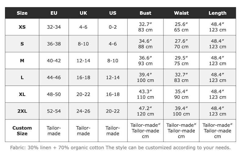 Pu&ograve; includere: Una tabella delle taglie con misure in cm e pollici per busto, vita e lunghezza. Le taglie vanno dalla XS alla 2XL, con taglie UE, Regno Unito e USA. Il tessuto &egrave; 30% lino e 70% cotone organico.
