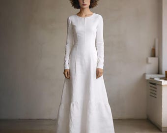 White Linen Maxi Dress, Long Sleeve Fitted Dress, Minimalist Elegant Full-Length Dress, Custom Spring Summer Dress, Handmade Women Dress