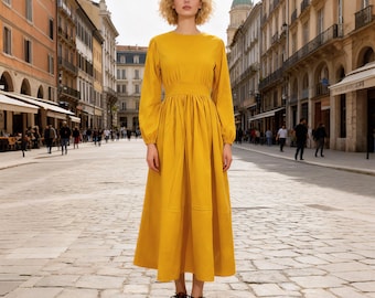 Linen Dress, Long Sleeves Dress for Women, Elegant Dress, Vintage Linen Summer Fall Winter Dress ,Handmade Custom Dress, Holiday Party Dress