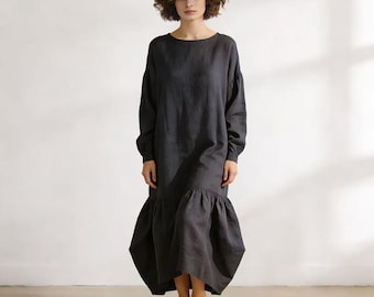Long Linen Midi Dress, Long Sleeve Loose Fit Dress, Ruffle Hem Linen Dress, Minimalist Linen Clothing, Spring Summer Autumn Dress