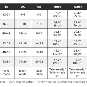 Op de afbeelding: Een maattabel voor kleding met EU-, UK- en US-maten van XS tot 2XL. Borst-, taille- en lengtematen worden weergegeven in centimeters en inches. De stof bestaat uit 30% linnen en 70% biologisch katoen. Lengte 143 cm (56,3 inch).
