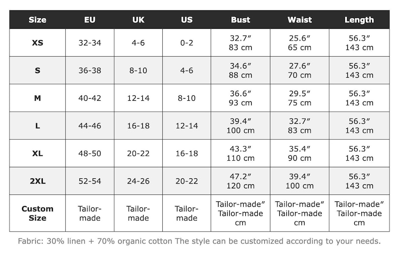 Op de afbeelding: Een maattabel voor kleding met EU-, UK- en US-maten van XS tot 2XL. Borst-, taille- en lengtematen worden weergegeven in centimeters en inches. De stof bestaat uit 30% linnen en 70% biologisch katoen. Lengte 143 cm (56,3 inch).