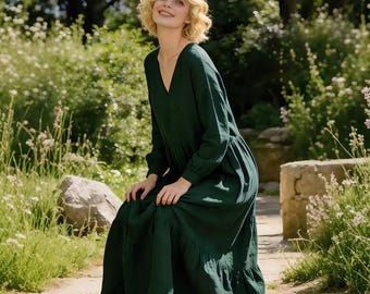 Long Sleeve Linen Maxi Dress Women | V Neck Loose Cotton Linen Dress | Forest Green Casual Boho Dress
