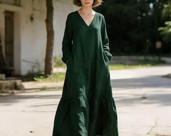 Linnen katoen maxi-jurk, v-hals linnen jurk met lange mouwen, losse minimalistische jurk, boho linnen jurk voor vrouwen, casual alledaagse jurk