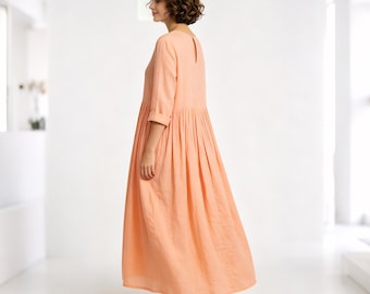 Linen Cotton Midi Dress Women, Loose A-Line Summer Dress, Casual Dress, Half Sleeve Linen Dress, Minimalist Oversized Dress with Pockets