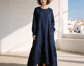 Linnen maxi-jurk dames, losse jurk met lange mouwen, jurk linnen en katoenmix, minimalistische lange jurk, casual elegante linnen jurk