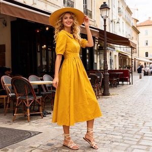 Midi Linen Cotton Dress，Vintage Dress，Custom Dress，Summer Puff Sleeve Dress, Women Linen Dress, Elegant Minimalist Dress