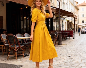 Midi Linen Cotton Dress，Vintage Dress，Custom Dress，Summer Puff Sleeve Dress, Women Linen Dress, Elegant Minimalist Dress