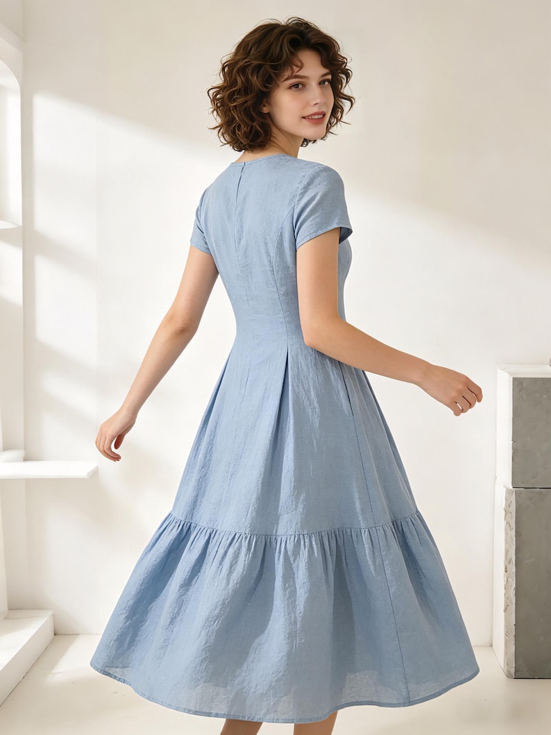 Pu&ograve; includere: Un abito azzurro con maniche corte e gonna a balze. L'abito ha un corpetto aderente e una gonna svasata, creando una silhouette classica. Il tessuto sembra essere un materiale leggero, adatto al clima caldo. La modella indossa l'abito.