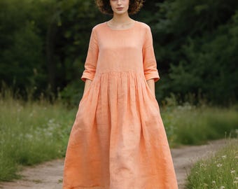 Linen Cotton Loose Dress Women, Oversized A-Line Midi Dress with Pockets, Linen Dress, Minimalist Summer Dress, Casual Boho Dress