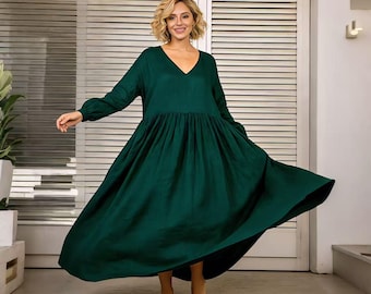 Linnen maxi-jurk vrouwen v-hals jurk met lange mouwen, losse pasvorm katoenen linnen jurk, elegante boho vrijetijdsjurk, lente zomer linnen jurk