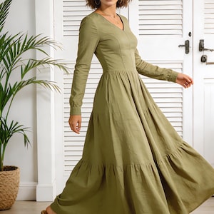 Lange mouw v-hals lange linnen katoenen maxi-jurk, lentejurk voor vrouwen, romantische linnen jurk, elegante zomerjurk, aangepaste jurk afbeelding 2