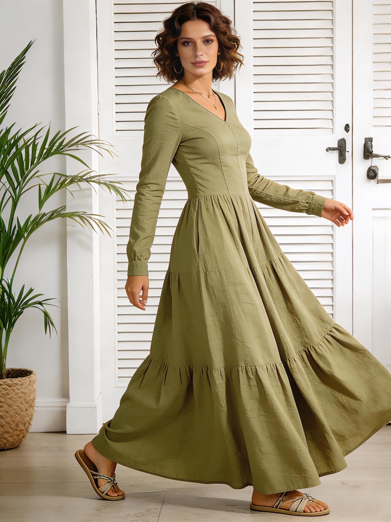 Lange mouw v-hals lange linnen katoenen maxi-jurk, lentejurk voor vrouwen, romantische linnen jurk, elegante zomerjurk, aangepaste jurk afbeelding 2