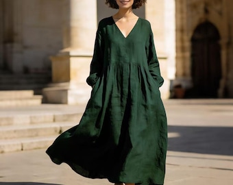 Linen Maxi Dress Women | V Neck Long Sleeve Linen Cotton Dress | Loose Fit Boho Midi Dress | Cottagecore Natural Linen Dress