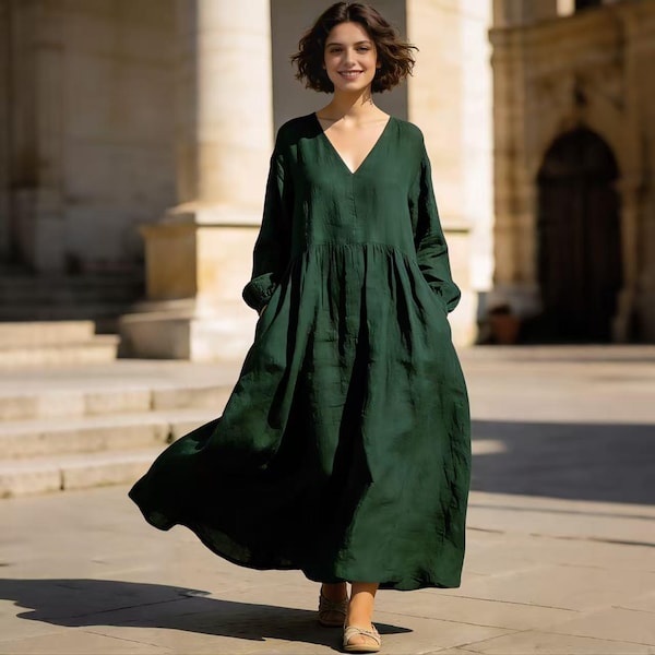 Vestido largo de lino para mujer / Vestido de lino y algodón con cuello en V y manga larga / Vestido midi bohemio holgado / Vestido de lino natural estilo cottagecore
