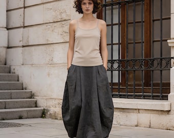 Midi-Rock aus Leinen-Baumwolle für Frauen, A-Linien-Rock mit hoher Taille, Minimalistischer Rock aus Leinen-Mischung, lässiger Sommerrock, Midi-Rock mit lockerer Passform