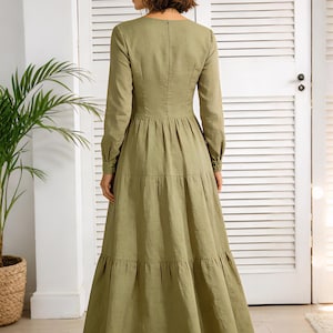 Lange mouw v-hals lange linnen katoenen maxi-jurk, lentejurk voor vrouwen, romantische linnen jurk, elegante zomerjurk, aangepaste jurk afbeelding 5