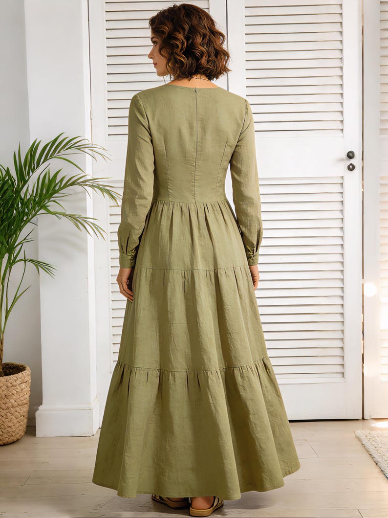 Lange mouw v-hals lange linnen katoenen maxi-jurk, lentejurk voor vrouwen, romantische linnen jurk, elegante zomerjurk, aangepaste jurk afbeelding 5