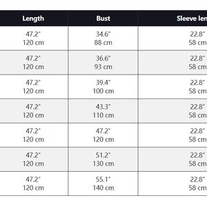 May include: A size chart for clothing, with measurements in inches and centimeters. The chart includes sizes S through 4XL, with bust measurements ranging from 34.6" (88 cm) to 55.1" (140 cm). Length is 47.2" (120 cm) for all sizes, and sleeve length is 22.8" (58 cm).
