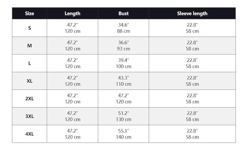 May include: A size chart for clothing, with measurements in inches and centimeters. The chart includes sizes S through 4XL, with bust measurements ranging from 34.6" (88 cm) to 55.1" (140 cm). Length is 47.2" (120 cm) for all sizes, and sleeve length is 22.8" (58 cm).