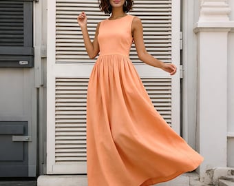 Sleeveless Linen Cotton Maxi Dress Women | Summer Long Dress | Cotton Linen Dress | Flowy A Line Dress | Elegant Vacation Dress | Boho Dress