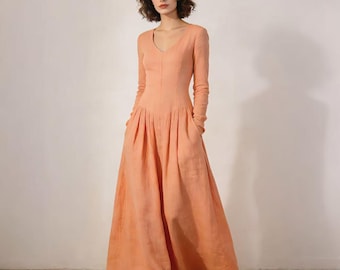 Long Fitted Linen Maxi Dress Women V Neck Long Sleeve Elegant Minimalist Long Linen Dress Swing Summer Autumn Custom Dress