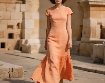 Short Sleeve Linen Dress, Casual Midi Dress for Women, Comfortable Summer Dress, Loose Fit, Boho Style, Breathable Dress, Summer Dress