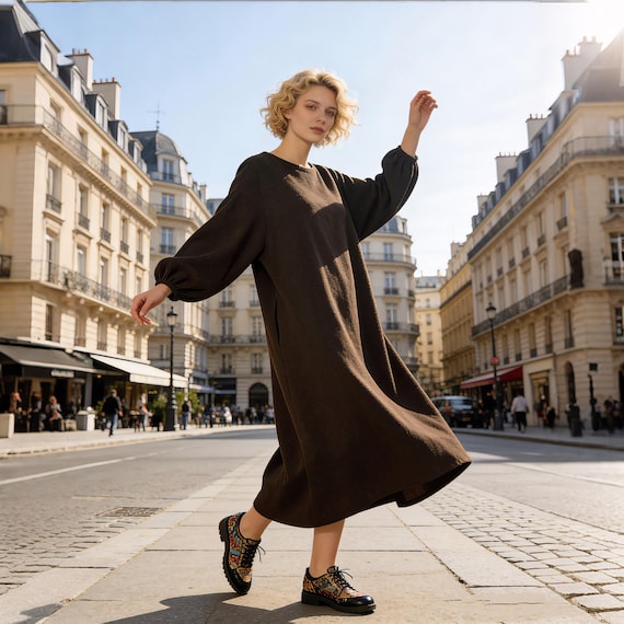 loose fitting winter dresses Fit Wool Dress for Women, Wool Balloon Sleeve Dress, Minimalist Wool Dress, Oversized Long Sleeve Dress, Fall Winter Clothing Core Colors:Chocolate indoors and outdoor walks Wash with like colors. Beaded 3/4 Sleeve A-line