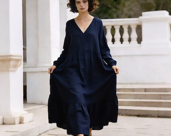 V-Neck Linen Cotton Maxi Dress, Long Sleeve Loose Boho Dress, Elegant, Minimalist Tiered Linen Dress Custom Linen Dress