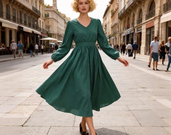 Elegante linnen V-hals jurk met lange mouwen Minimalistische jurk, flatterende A-lijn jurk, Cottagecore-jurk, feestjurk, linnen katoenen jurk