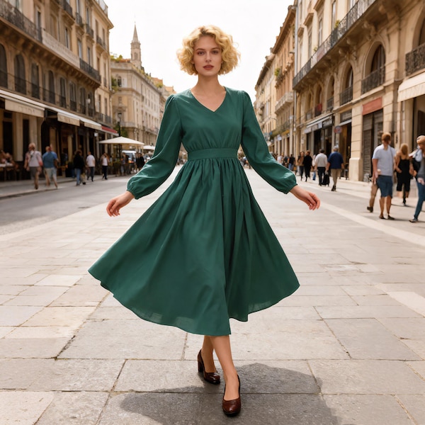 Elegant Linen V-neck Long Sleeve Dress Minimalist Dress, Flattering A-line Dress, Cottagecore Dress, Party Dress, Linen Cotton Dress