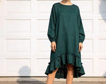 Linen Long Sleeve Dress, Loose Linen Cotton Dress for Women, Ruffle Hem Midi Dress, Casual Autumn Linen Dress