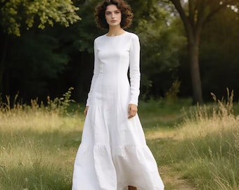 White Long Linen Maxi Dress | Long Sleeve Cottagecore Wedding Dress | Custom Bride Minimalist Dress | Linen Dress