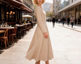 Wool Long Dress，Winter Dress for Women, Wool Fall Midi Dress, Elegant A-Line Warm Woolen Dress, Minimalist Wool Dress, Custom Size Dress