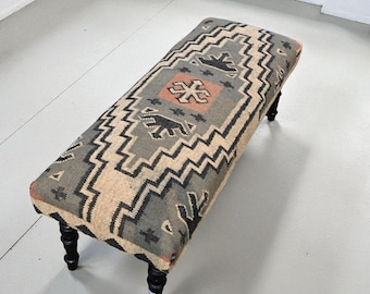 Puf Kilim Sky - Puf Kilim, mueble auxiliar para dormitorio/entrada, taburete decorativo estilo boho, banco decorativo vintage tradicional