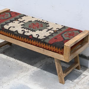 Handmade Kilim Bench - Wool & Jute Upholstered Ottoman - Boho Entryway Seating - End of Bed Bench - Rustic Hallway Stool ( 120 CM )