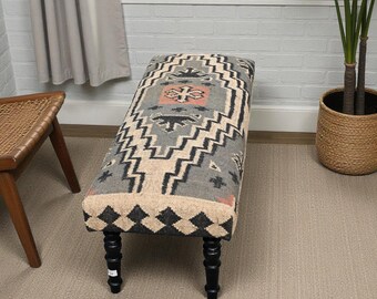 Sky Kilim Ottoman - Kilim Ottoman Accent Furniture For Bedroom\Entryway, Boho Home Decor Footstool, Traditional Vintage Decorative Bench