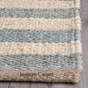Hand-Knotted Hemp Rug, Indian Traditional Oriental Rug, Natural Jute Rugs, Eco Friendly Runner, Large Area Hemp Rug, Sky\off white Striped