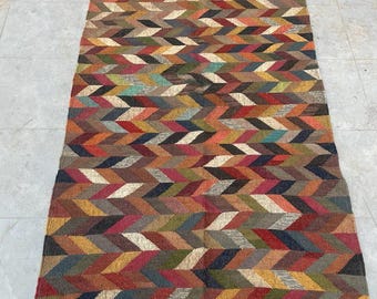 Wool Jute Kilim Rug, multicolour Oriental Rug, Custom Size Wool Rug, Vintage Area Rug, Boho Jute Rug, Handmade Wool Jute Rug, Rustic Rug