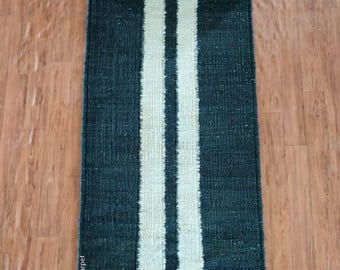 Handwoven Hemp Jute Runner: Braided Indian Rug, White Stripes, Boho Entryway Decor