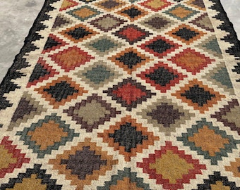 Multicolor Peruvian Rug - Handmade Wool Jute Flatweave Kilim - Southwestern Aztec , Boho Chic Area Rug