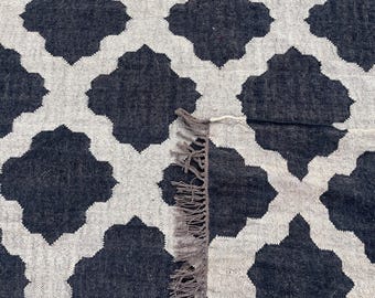 May include: A close-up of a woven rug with a repeating pattern of dark blue quatrefoil shapes against a light gray background. The rug has a fringed edge in a matching gray color, adding texture and detail to the design.