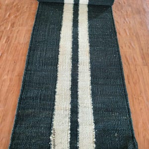 May include: A rolled-up, dark teal runner rug with two wide, cream-colored stripes down the center. The rug is made of a textured material and is displayed on a wooden floor. The rug has a rectangular shape.
