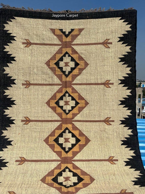 Indian Southwestern Kilim Rug, Handwoven Wool And Jute Rug, Vintage Flatweave Rug, Handmade Traditional Indian Dhurrie Rug, 5x8 Ft