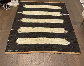 Boho Black and White Hemp Rug, Handwoven Jute Runner, Vintage Decor