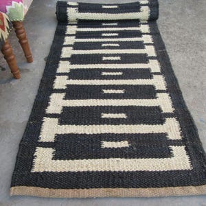 Handmade Tufted Hemp Jute Runner Rug; Black White Jute Runner, Custom Size Jute Hemp Runner, Boho Vintage Jute Area Rug, 2x10, 2x22 Ft