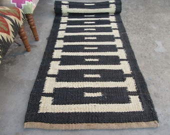 Handmade Tufted Hemp Jute Runner Rug; Black White Jute Runner, Custom Size Jute Hemp Runner, Boho Vintage Jute Area Rug, 2x10, 2x22 Ft