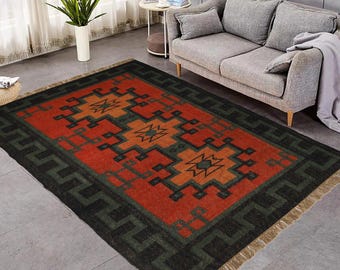 Wool and Jute Rug Handmade, Kilim Dhurrie Rug, Traditional Indian/WOOL JUTE RUGS, Kilim Wool and Jute Rug Handmade Kilim Dhurrie Rug gift