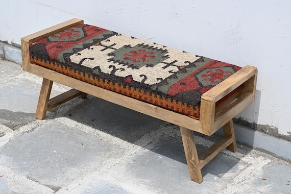 Handmade Kilim Bench - Wool & Jute Upholstered Ottoman - Boho Entryway Seating - End of Bed Bench - Rustic Hallway Stool ( 120 CM )